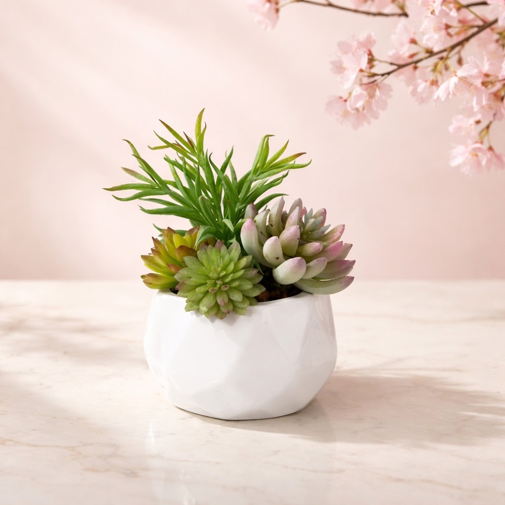 White Geometric Ceramic Succulent Planter with Green Succulents